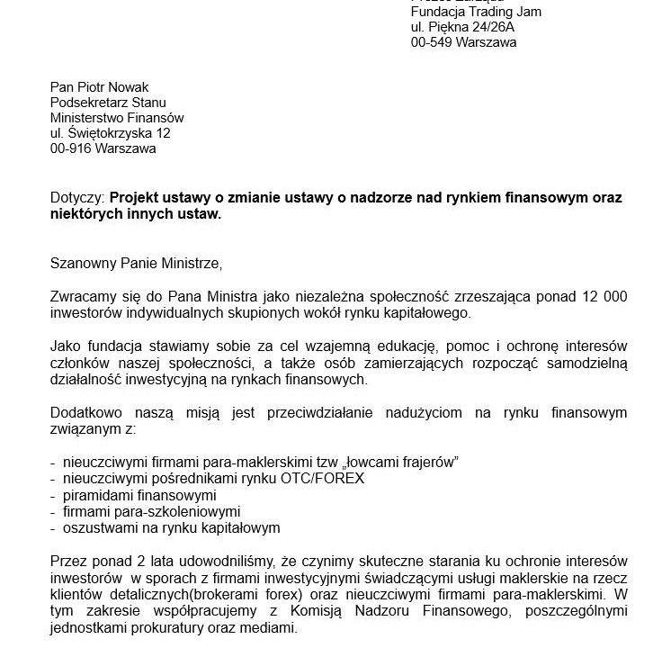 Pismo TJS do Ministerstwa Finansów w sprawie obniżenia dźwigni pismo trading jam session do ministerstwa finansów