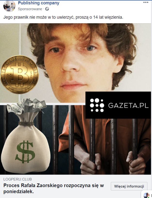 Nagłówek przedstawiający fake news - Rafał Zaorski oskarżony, prawnicy w szoku.