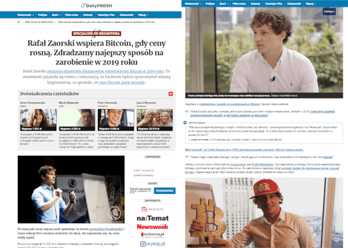 Artykuł opowiada o tym, że Rafał Zaorski zachęca nadal do inwestycji w bitcoina. Jest tu dużo zdjęć znanego tradera i linków prowadzących do strony oszustwa.