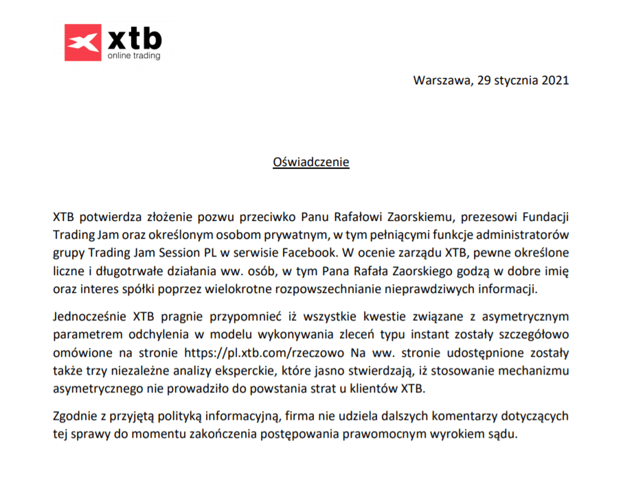 oświadczenie xtb